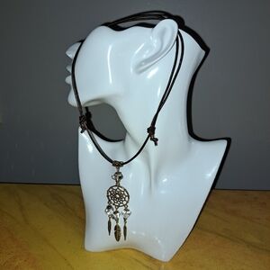 Goldtone Dreamcatcher with Clear Crystal Quartz on Adjustable Real Leather Cord